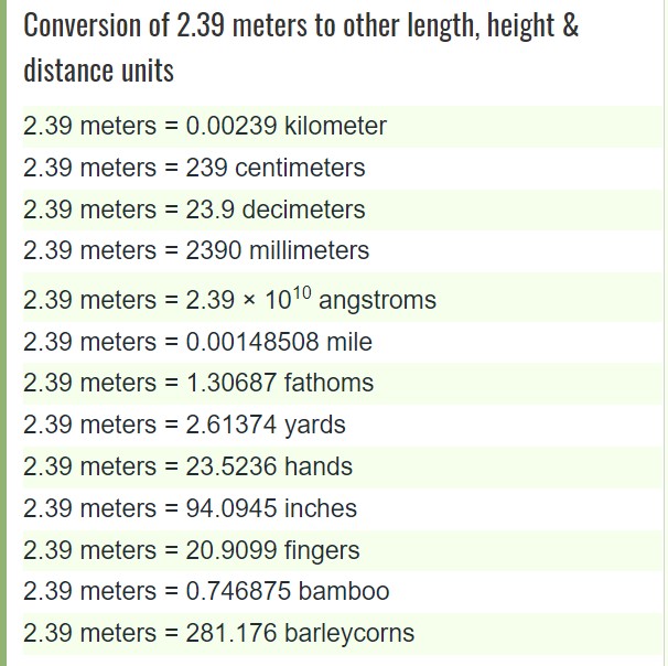 Conversion of 2.39 meters to Feet to other length height distance units